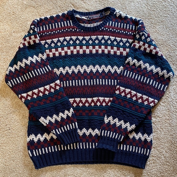 Roundtree 3D Heavy Cotton Textured L/S Crew Neck Sweater Navy Red Cream Green L - Picture 1 of 11